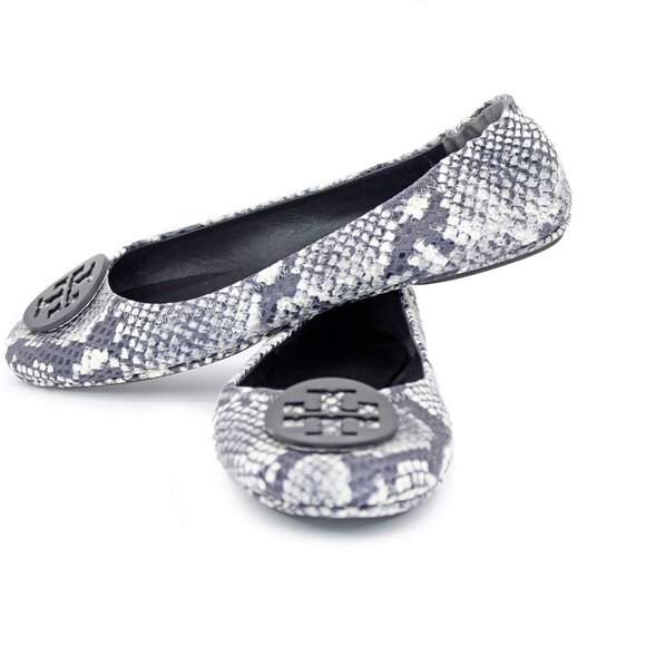 Tory Burch Pink 'Minnie' Travel Snake Print Leather Reva Ballet Flats: Size 10.5 - Picture 2 of 11